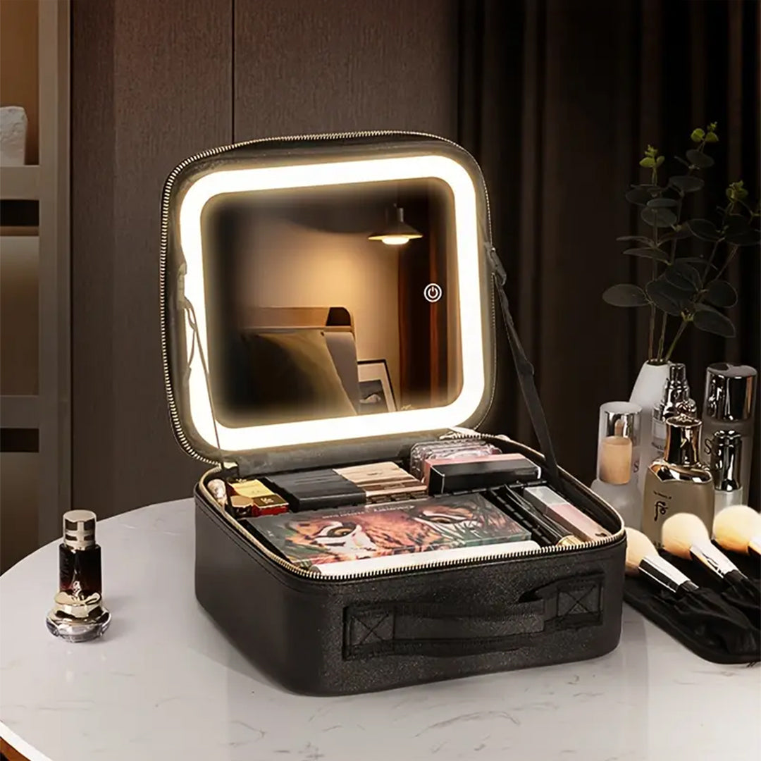 LED Makeup Organizer Case with Lighted Mirror and Adjustable Compartments
