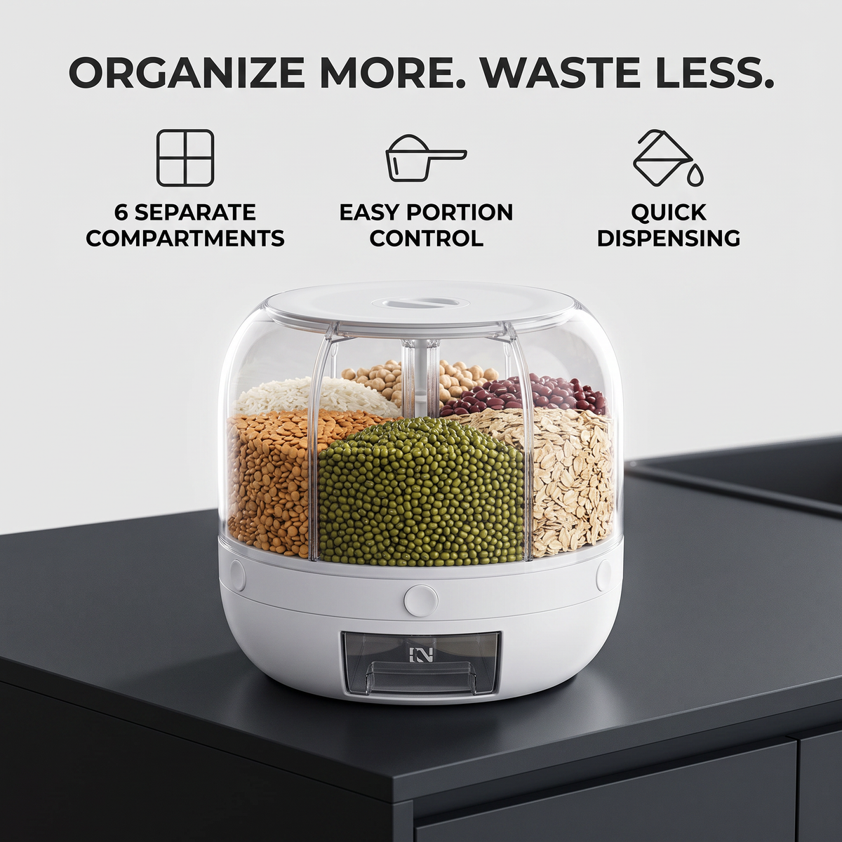 6 Compartment Rotating Dry Food Dispenser with Pull-Out Drawer – Rice, Cereal, Grain & Bean Storage Container