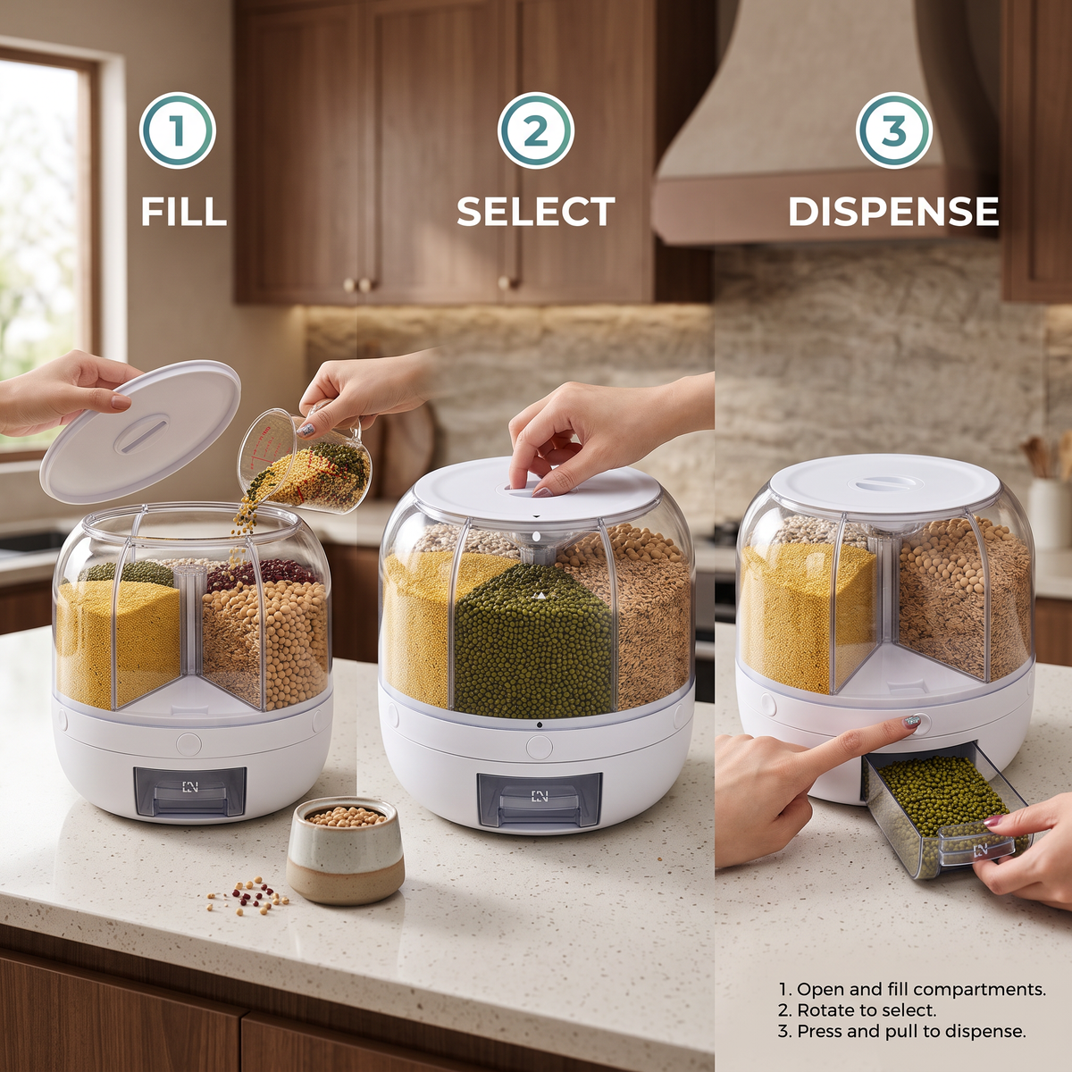 6 Compartment Rotating Dry Food Dispenser with Pull-Out Drawer – Rice, Cereal, Grain & Bean Storage Container