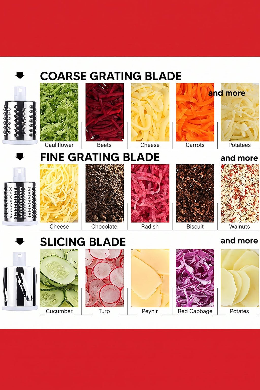 Manual Fruit & Vegetable Slicer Grater with 3 Attachments and Suction Base