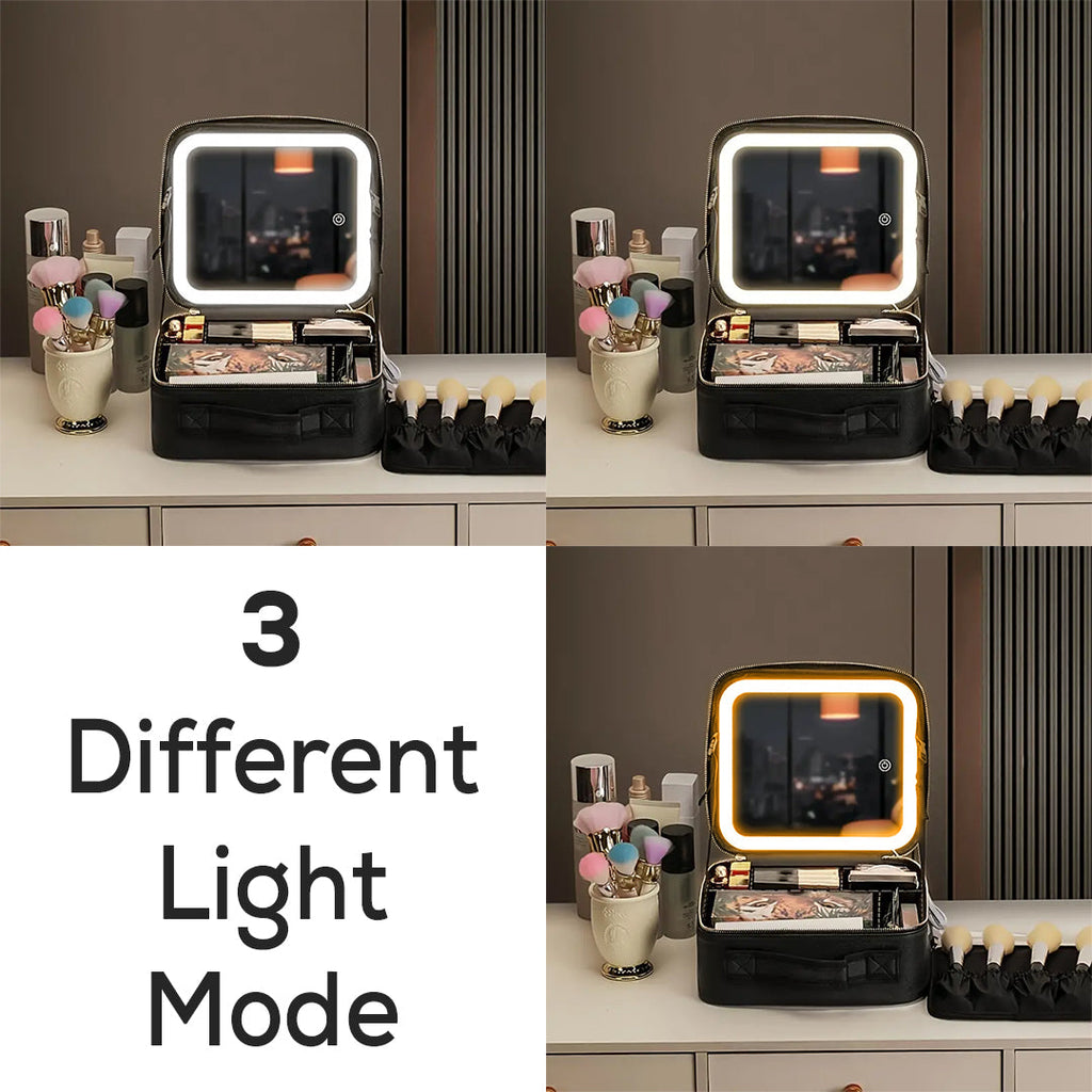 LED Makeup Organizer Case with Lighted Mirror and Adjustable Compartments