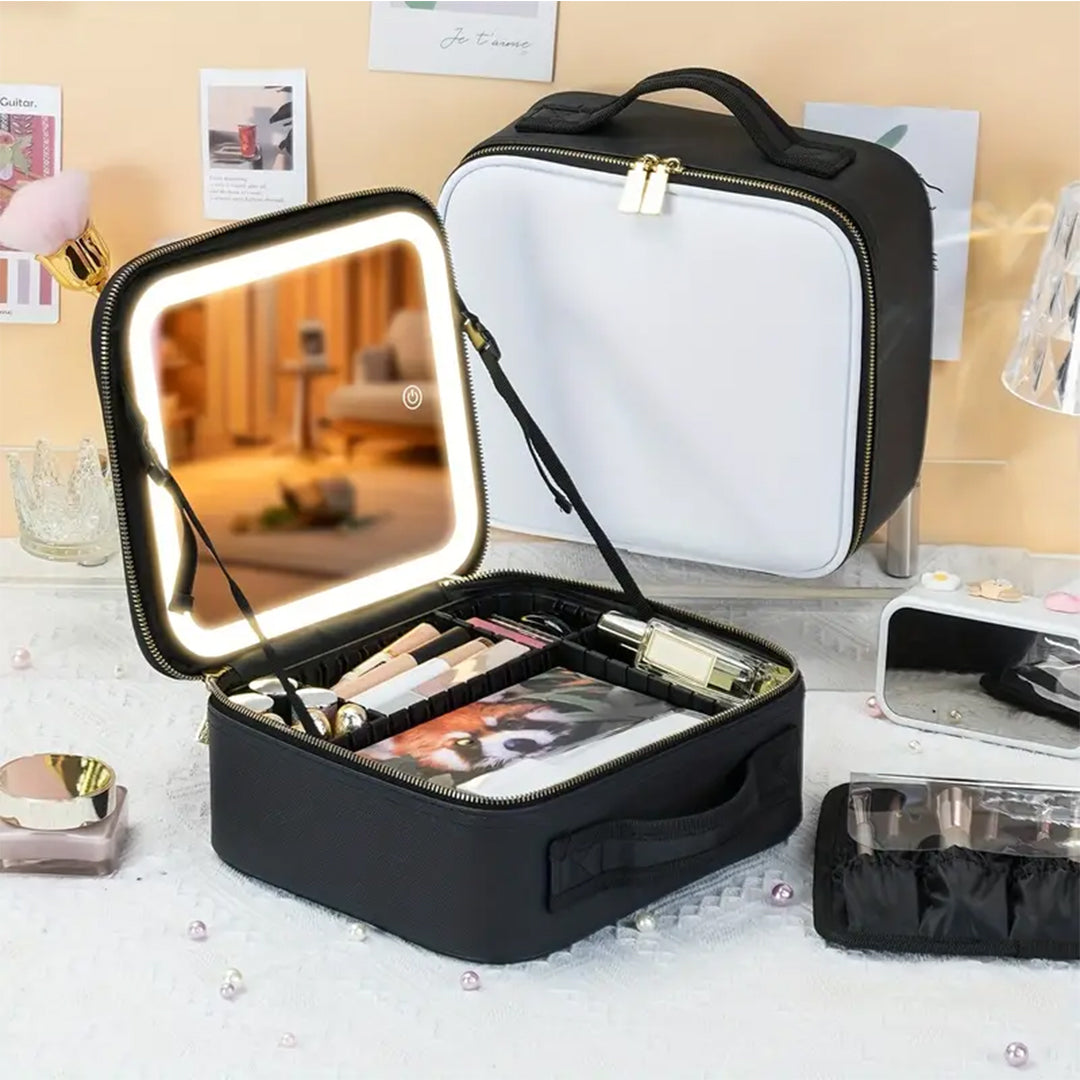 LED Makeup Organizer Case with Lighted Mirror and Adjustable Compartments