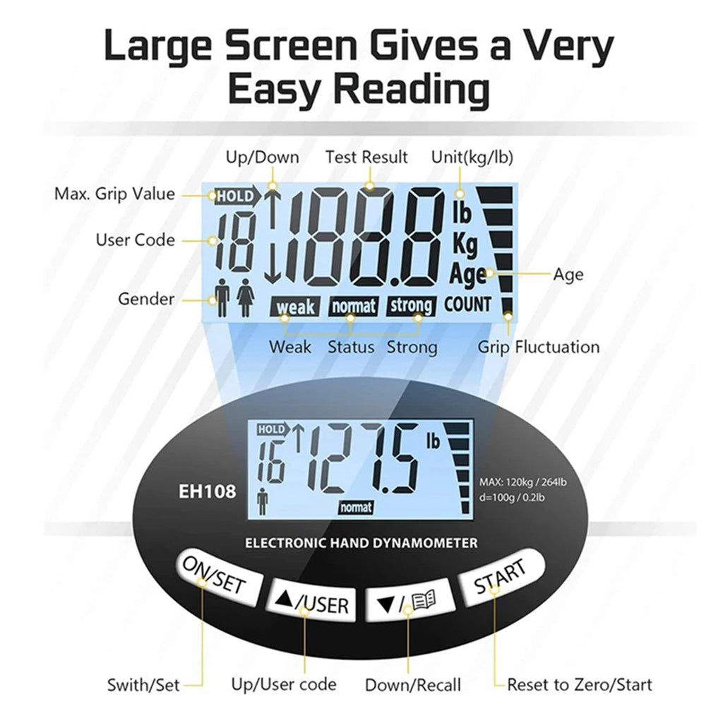 120kg Digital Hand Dynamometer Electronic Grip Strength Tester with LCD Display Adjustable Hand Grip Meter for Fitness