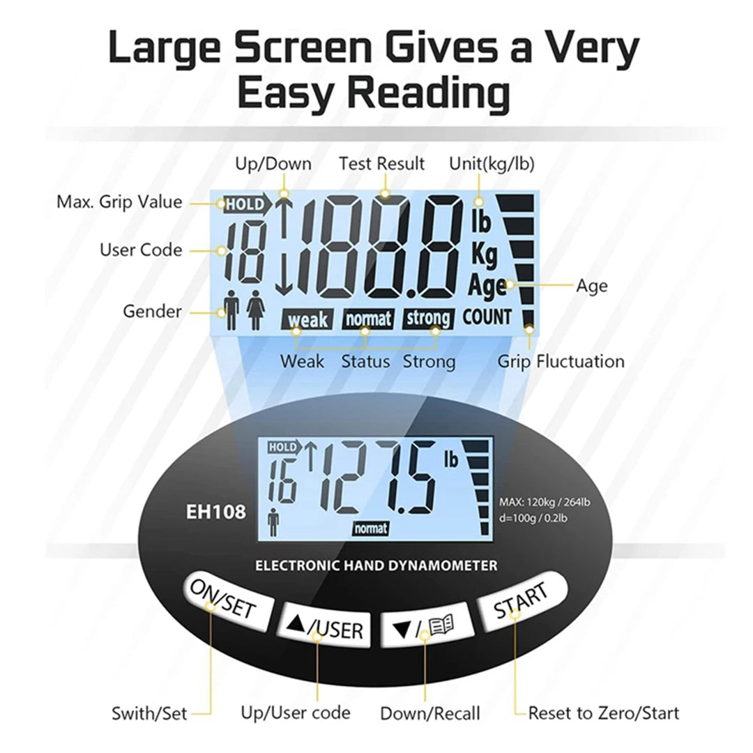 120kg Digital Hand Dynamometer Electronic Grip Strength Tester with LCD Display Adjustable Hand Grip Meter for Fitness