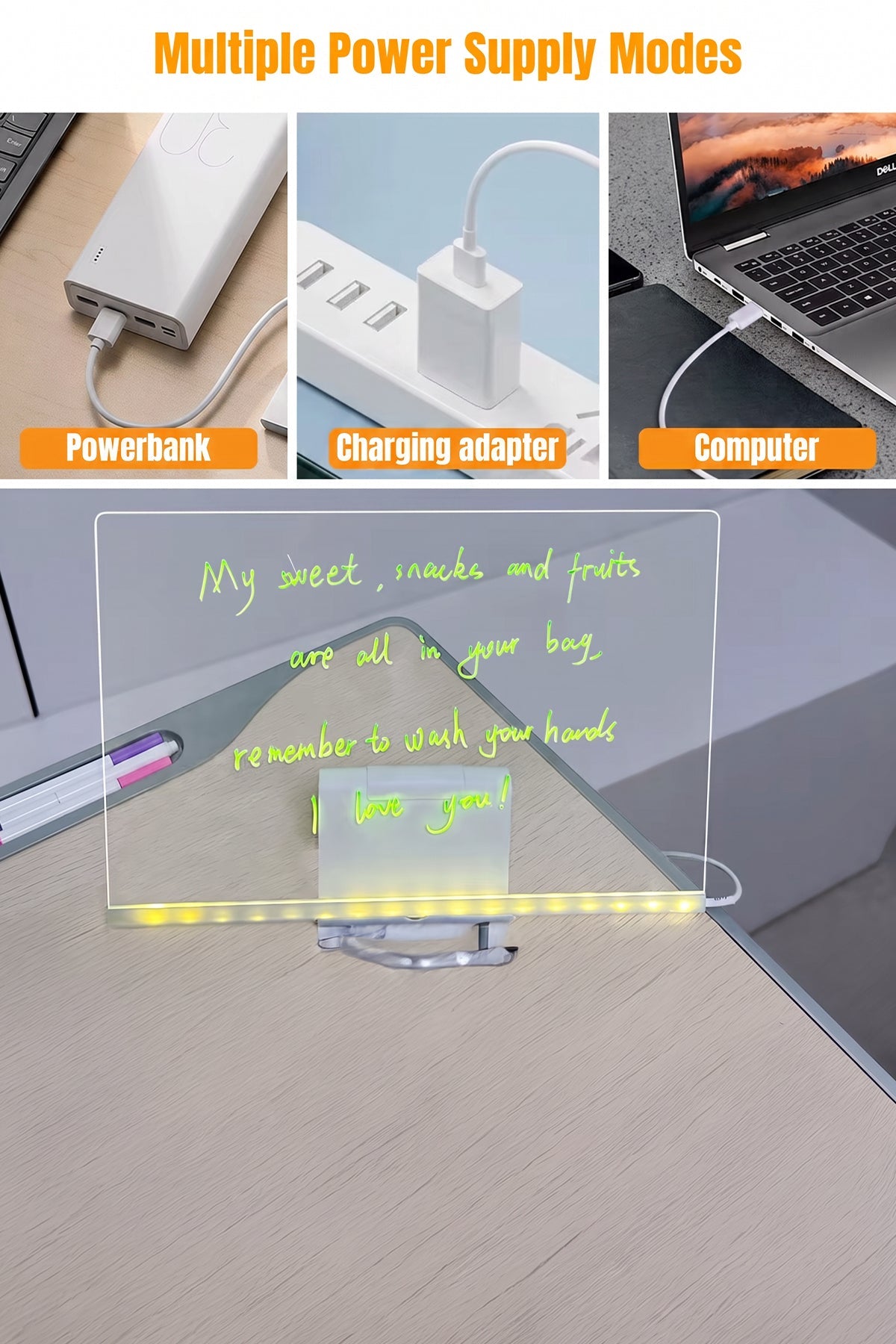 30 x 20 cm LED Acrylic Message Board with 7 Colour Pens, USB Light Up Drawing Board and Adjustable Stand