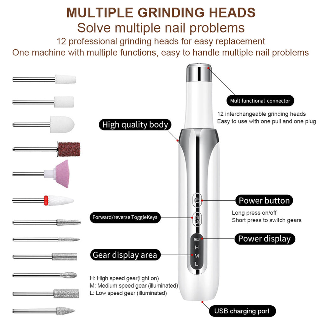 Cordless Electric Nail Drill with 12 Bits and USB Rechargeable Design