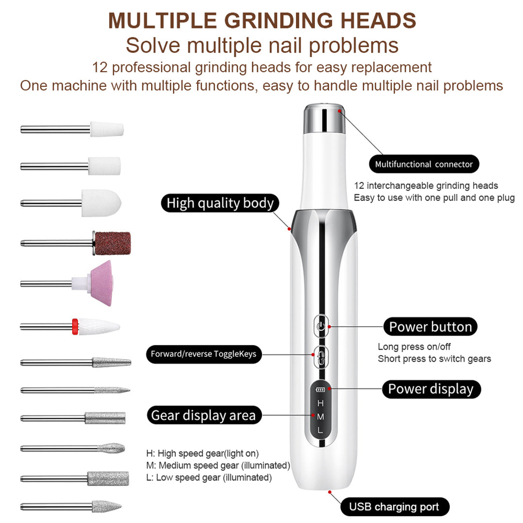 Cordless Electric Nail Drill with 12 Bits and USB Rechargeable Design