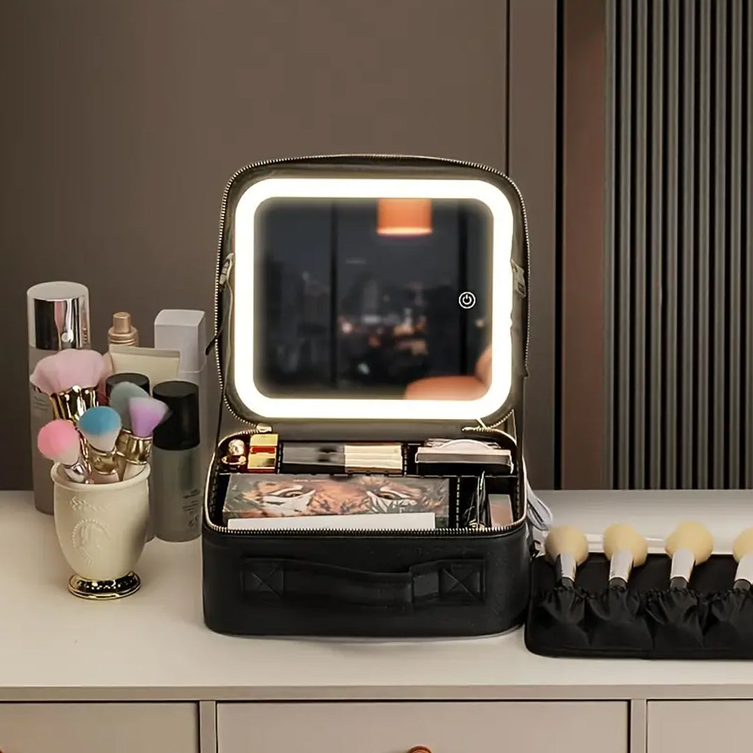 LED Makeup Organizer Case with Lighted Mirror and Adjustable Compartments