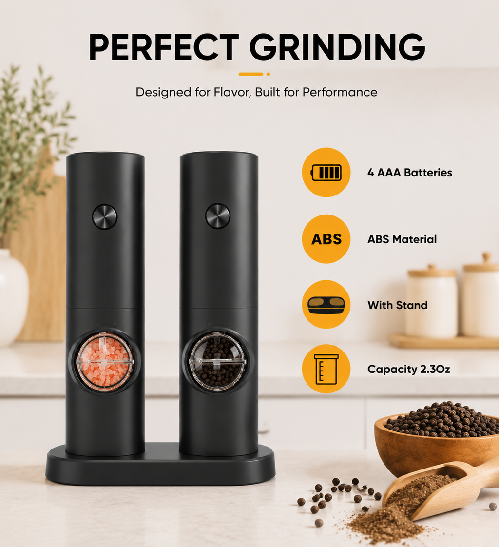 Salt & Pepper Grinder Set – 5 Levels Adjustable , Battery Operated with Stand