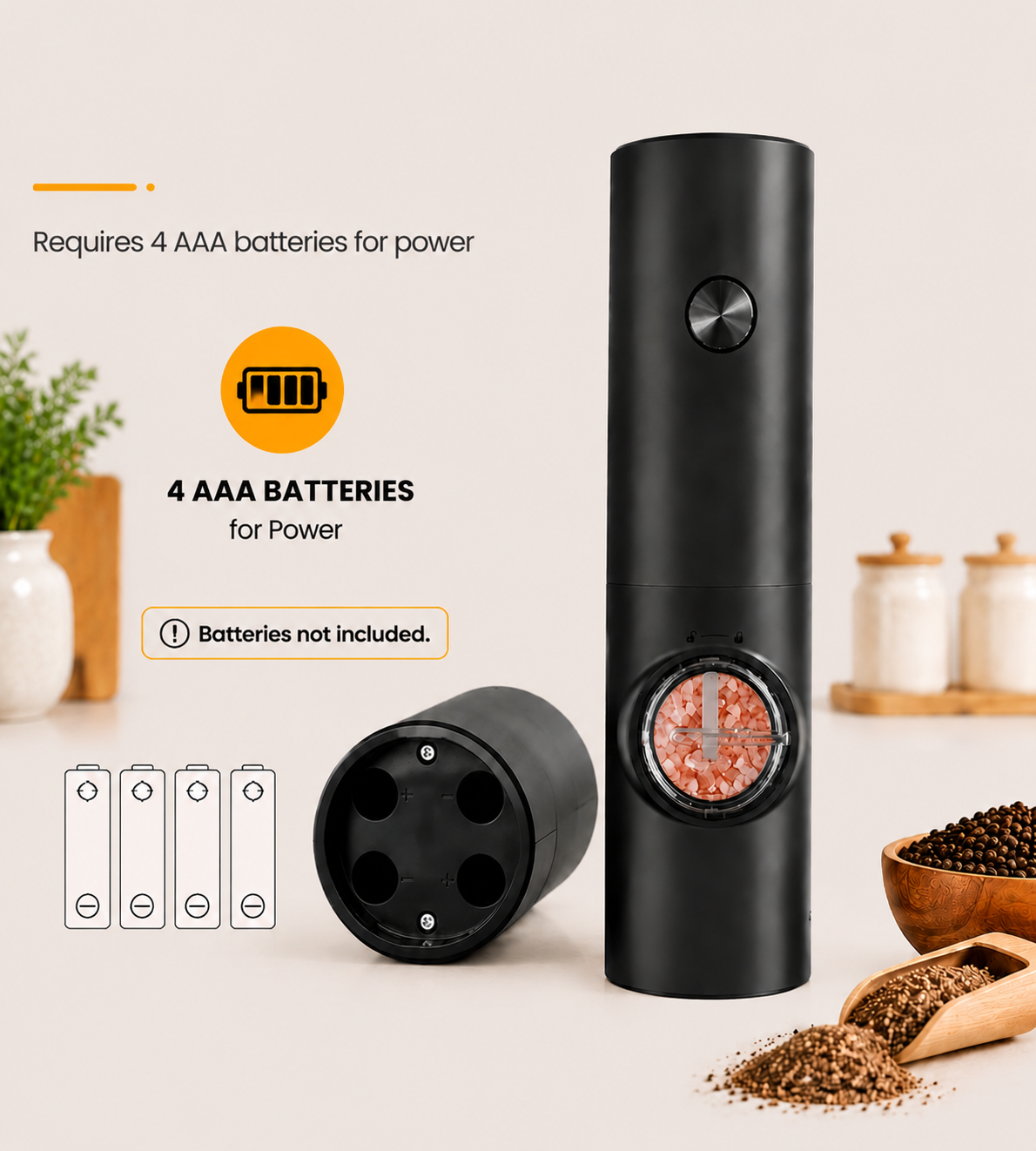 Salt & Pepper Grinder Set – 5 Levels Adjustable , Battery Operated with Stand