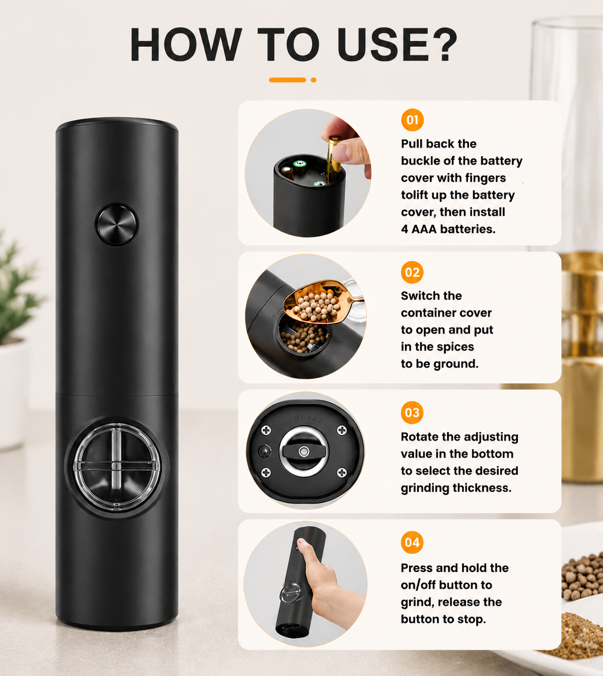Salt & Pepper Grinder Set – 5 Levels Adjustable , Battery Operated with Stand