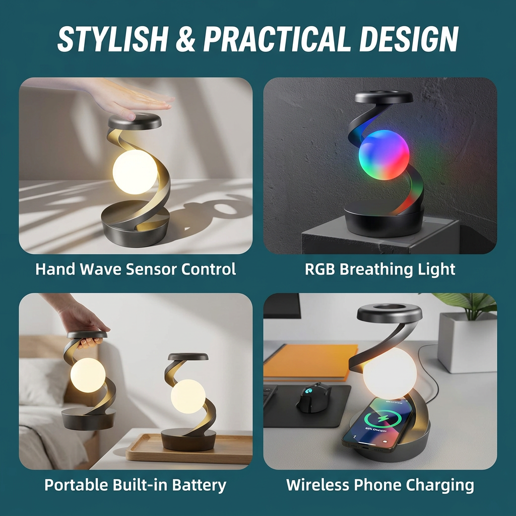Rechargeable Spiral LED Table Lamp with 15W Wireless Charging, Touch Control & RGB Light