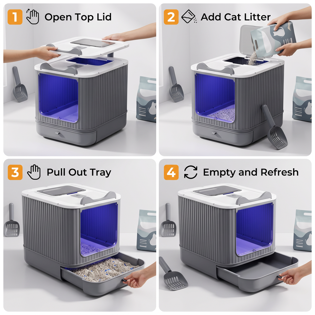 Enclosed Cat Litter Box with Top & Front Entry, Pull-Out Tray and Scoop, Mess-Reducing Indoor Cat Toilet