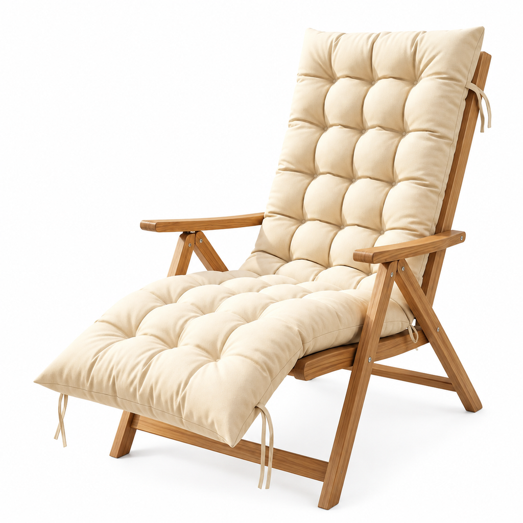 Beige Recliner Chair Cushion with Tie Straps – Soft Padded Full Length Fabric Seat Pad for Garden, Patio & Lounge Chairs