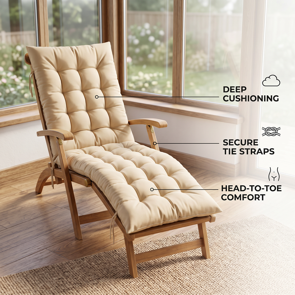 Beige Recliner Chair Cushion with Tie Straps – Soft Padded Full Length Fabric Seat Pad for Garden, Patio & Lounge Chairs
