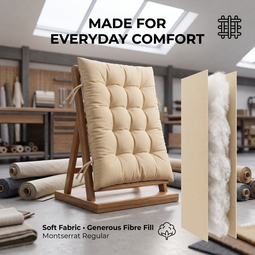 Beige Recliner Chair Cushion with Tie Straps – Soft Padded Full Length Fabric Seat Pad for Garden, Patio & Lounge Chairs