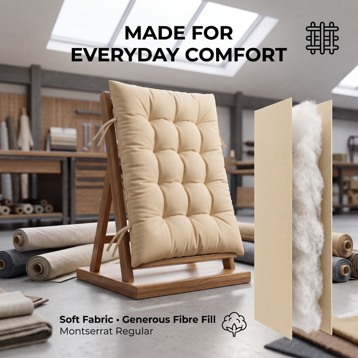 Beige Recliner Chair Cushion with Tie Straps – Soft Padded Full Length Fabric Seat Pad for Garden, Patio & Lounge Chairs