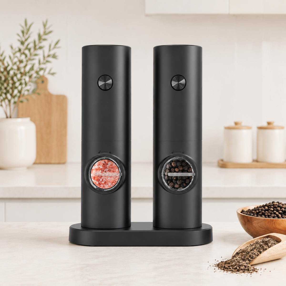 Salt & Pepper Grinder Set – 5 Levels Adjustable , Battery Operated with Stand