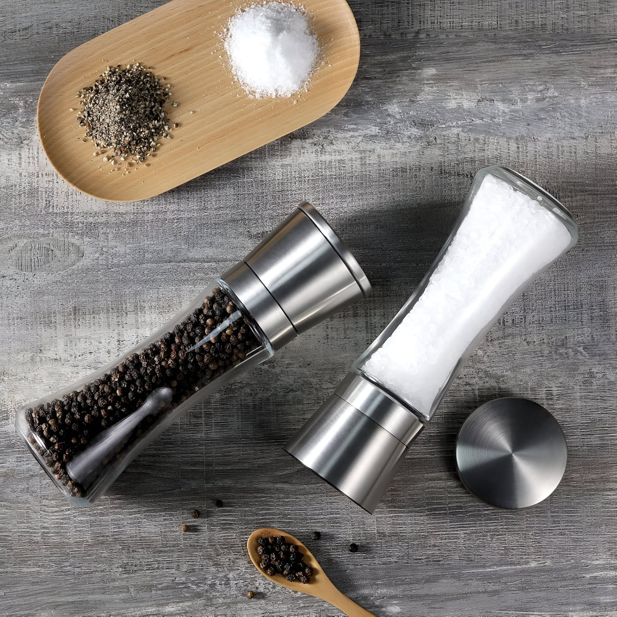 Salt and Pepper Spice Grinder Set for Convenient Kitchen Use With Stainless Stand