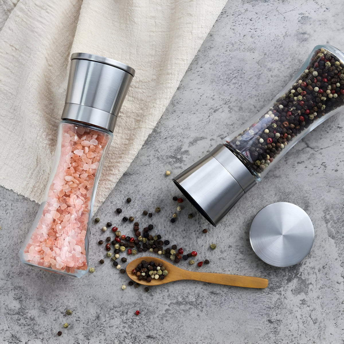 Salt and Pepper Spice Grinder Set for Convenient Kitchen Use With Stainless Stand