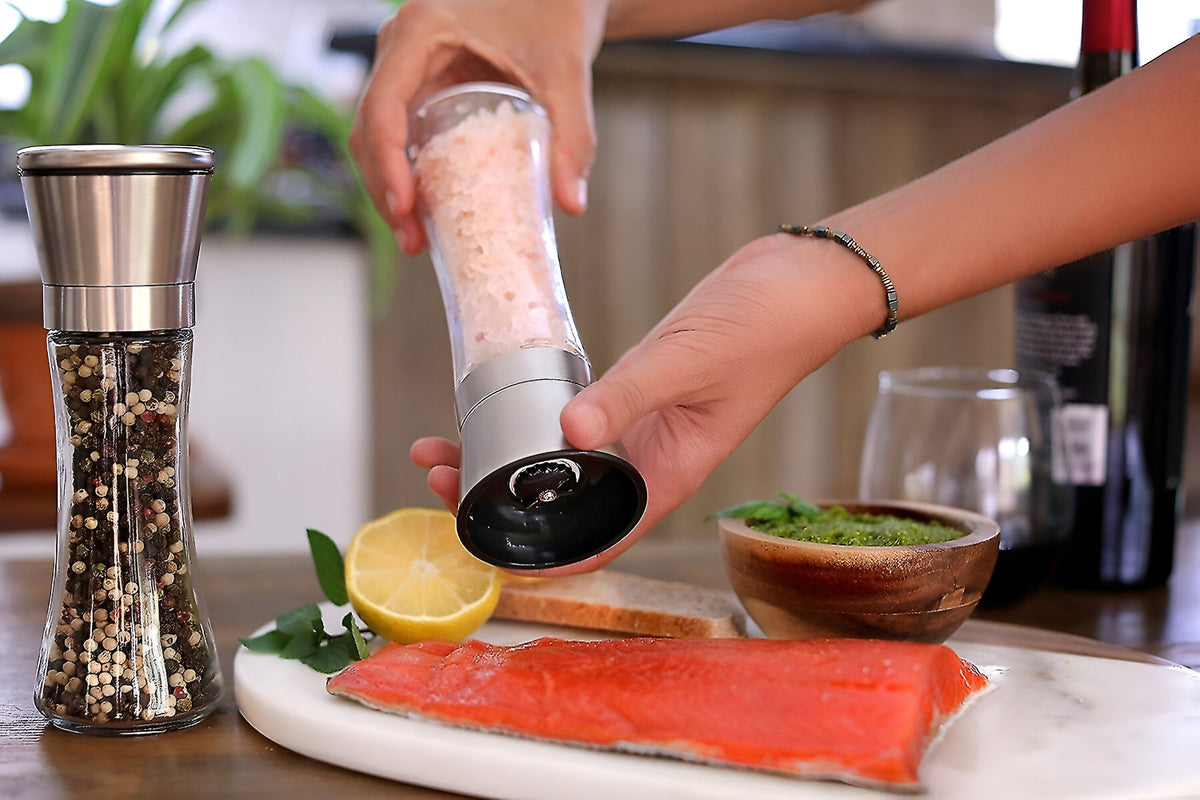 Salt and Pepper Spice Grinder Set for Convenient Kitchen Use With Stainless Stand